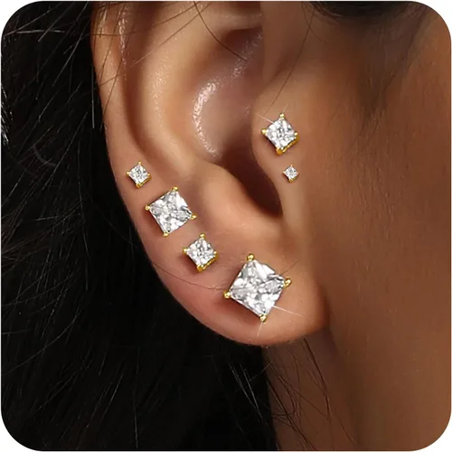 Miniatura 3 de Juego de 5 pares de aretes tipo dormilona chapados en oro amarillo de 14 quilates con circonita cúbica transparente para mujeres y hombres