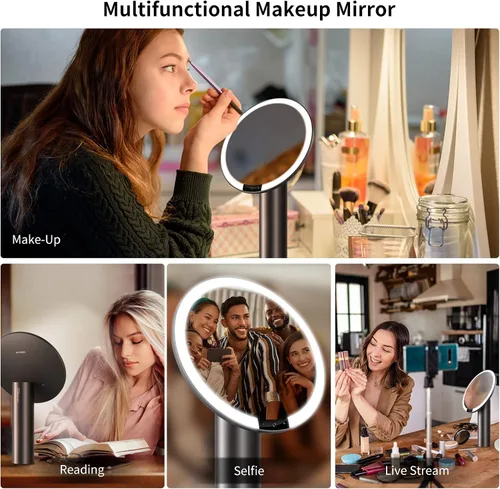 Miniatura 6 de AMIRO Espejo de maquillaje iluminado de 9" con sensor inteligente y control táctil, 3 colores y 6 niveles de brillo, recargable e inalámbrico, Negro