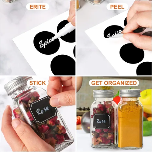 Miniatura 4 de 16 paquetes de tarros de especias de vidrio de 6 onzas con 80 etiquetas negras, recipientes cuadrados vacíos de 180 ml para condimentos, botellas
