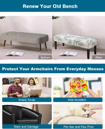 Miniatura 5 de CRFATOP Funda de cojín rectangular estampada para banco de comedor, elástica, extraíble y lavable, protector de banco tapizado para comedor, sala