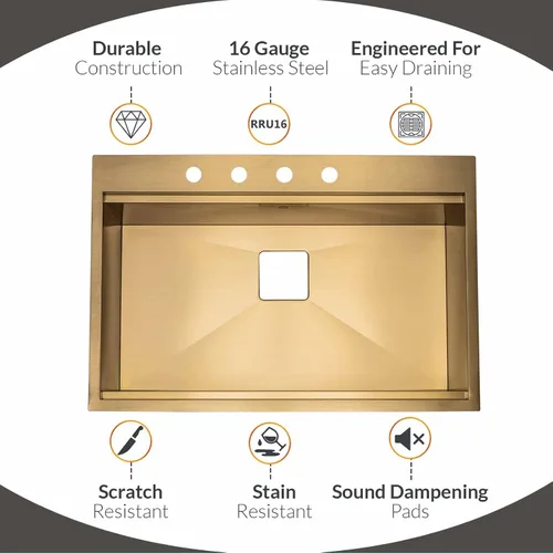 Miniatura 3 de Strictly Sinks - Fregadero de cocina con estación de trabajo de 33 pulgadas, fregadero dorado de acero inoxidable calibre 16 con colador, tabla