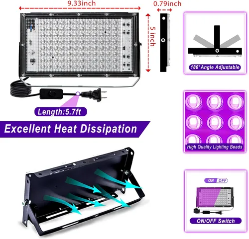 Miniatura 6 de 1 paquete de luz negra de 100 W, luz negra LED con enchufe e interruptor de EE. UU., luces negras para brillar, sin fiesta, Halloween, pintura