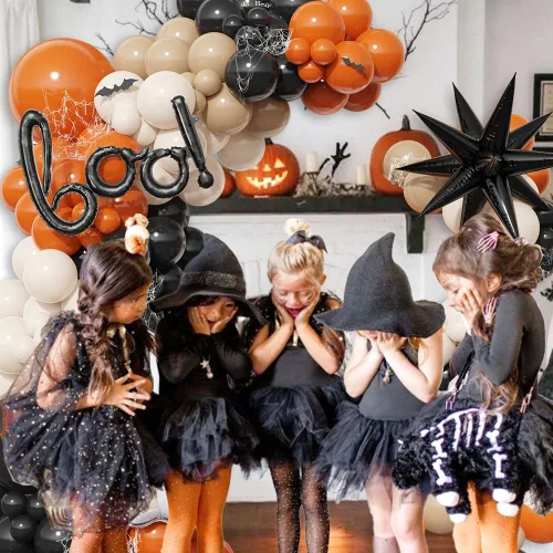 Miniatura 4 de Kit de arco de guirnalda de globos de Halloween Little BOO, 151 piezas de globos de látex blanco retro naranja quemado negro con globo de aluminio
