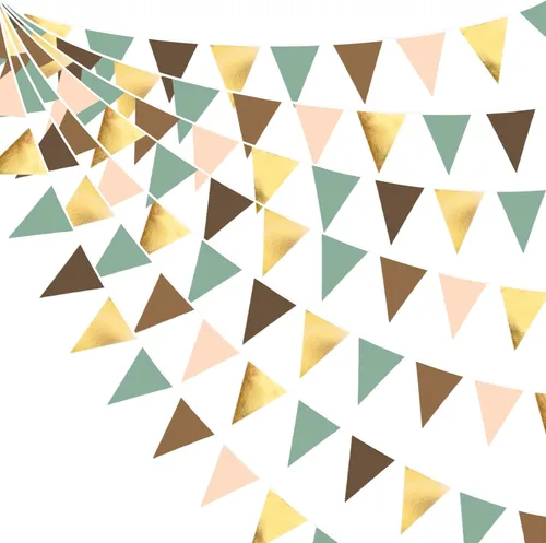 Decoraciones de fiesta de 32 pies, color verde salvia, marrón, bandera triangular, banderín, banderín, banderín, guirnalda para selva, safari, Verde