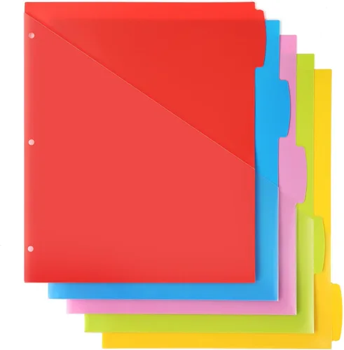 Miniatura 10 de Separadores de plástico con 5 pestañas con bolsillo frontal transparente, 3 juegos, separadores de bolsillo para carpeta de 3 anillas, separadores