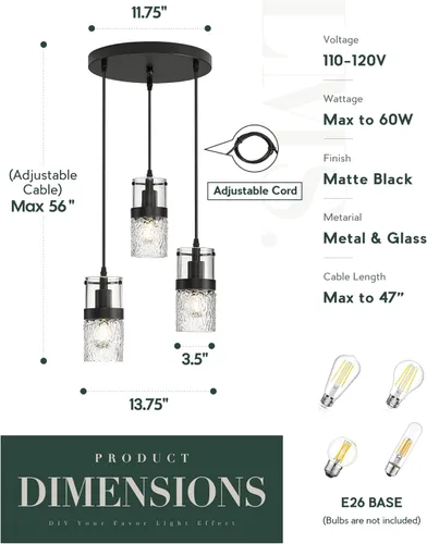 Miniatura 4 de LMS Lámparas colgantes negras de 3 luces, lámpara colgante ajustable para cocina, luces colgantes en racimo, LMS-188 Negro - Vidrio martillado