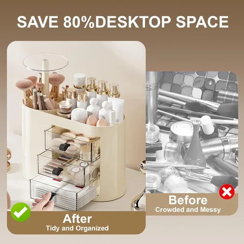 Miniatura 3 de DASITON Organizador de maquillaje con 3 cajones, soporte automático para brochas de maquillaje con tapa, organizador de maquillaje de gran capacidad
