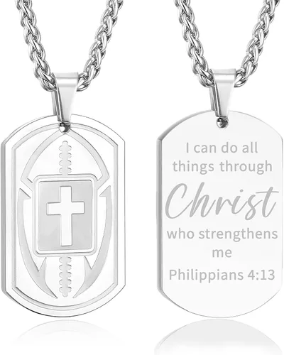 Miniatura 21 de Collar de cruz de versículo bíblico de fútbol para hombres, regalo religioso de acero inoxidable, joyería deportiva de fútbol, regalos de Pascua