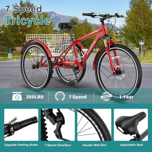 Miniatura 2 de MOPHOTO Triciclo de montaña para adultos, bicicleta de 3 ruedas de 7 velocidades para adultos/hombres/mujeres, 24/26/27.5 pulgadas, triciclo