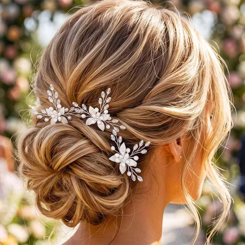 HEREAD Flower Bride - Horquillas para el cabello de boda con perlas plateadas, accesorios para el cabello de hojas para mujeres (paquete de 3)