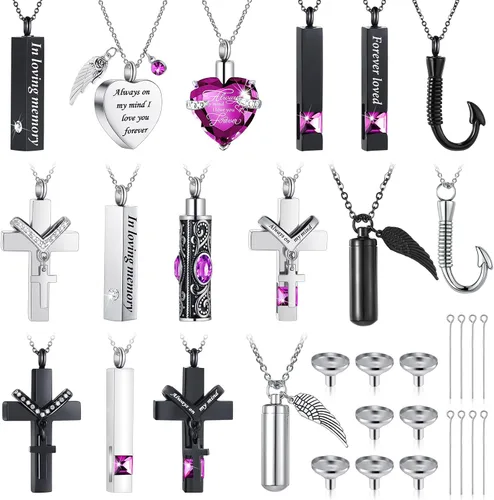 Miniatura 15 de 16 piezas de collar de urna para cenizas, medallón de cenizas talladas de acero inoxidable impermeable con 8 kit de relleno, cilindro de corazón