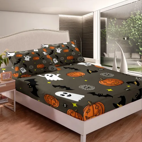 Miniatura 2 de Erosebridal Sábana bajera ajustable con temática de Halloween para niños y niñas, sábanas de linterna de calabaza, sábanas de estrellas góticas
