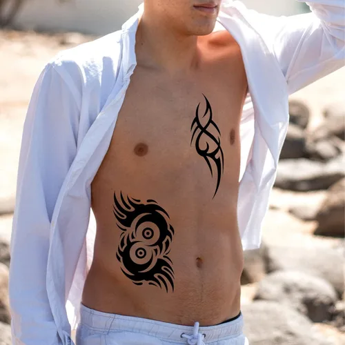 Miniatura 4 de Tatuaje temporal tribal para hombres adultos, tótem grande negro tribal tatuaje falso tribal, de larga duración, impermeable, a gran temperatura