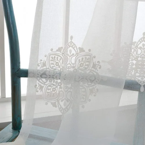 VOGOL Cortinas traslúcidas de 84 pulgadas de largo, cortinas traslúcidas blancas con bordado floral europeo para sala de estar, comedor, bolsillo