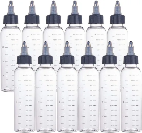 BENECREAT Paquete de 12 botellas dispensadoras de plástico transparente de 3.7 fl oz con tapa giratoria y medición graduada para líquidos, tintas,