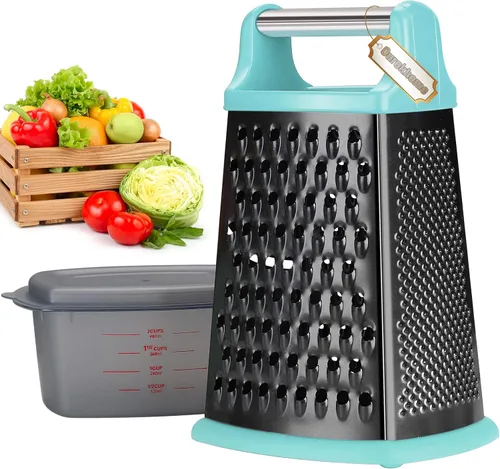Ourokhome Rallador de queso con asa, rallador de caja de acero inoxidable, triturador de verduras de cocina de 4 lados con recipiente para Couating