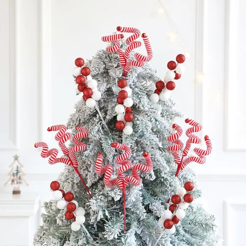 Miniatura 6 de 6 piezas de adornos para árbol de Navidad, varillas de lana rojas y blancas con lentejuelas y esferas colgantes para árbol de Navidad, adornos