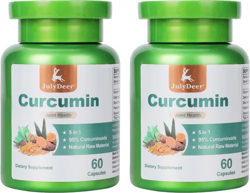 JulyDeer Complejo de cúrcuma de curcumina, 2 botellas con semillas de apio, cereza agria, extracto de incienso, glucosamina, 95% curcuminoides para