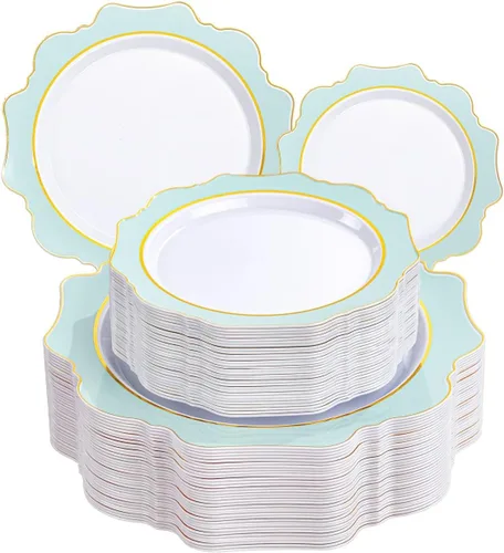 Miniatura 9 de WDF 100 piezas de platos de plástico azul - Platos desechables azul claro - Platos de plástico con borde festoneado resistente