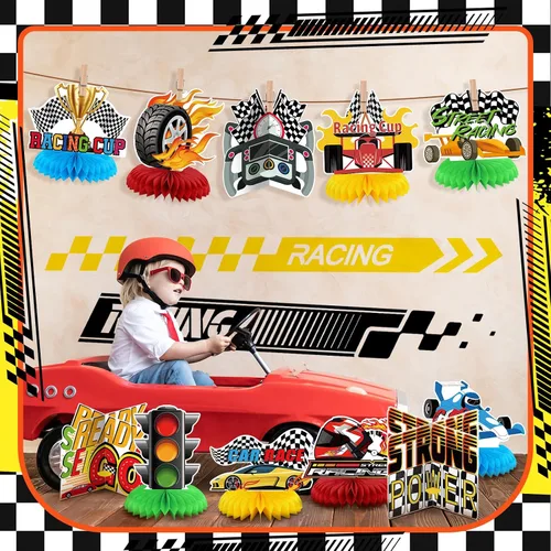 Miniatura 4 de 12 piezas temáticas de decoración de fiesta de cumpleaños de coche de carreras, centros de mesa 3D de doble cara para cabina de fotos, suministros