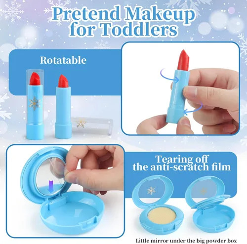 Miniatura 4 de Woumserta Kit de maquillaje de simulación para niños de 3 a 5 años, juego de maquillaje falso azul o beige para niñas pequeñas, regalos
