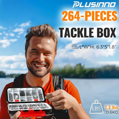 Miniatura 2 de PLUSINNO Kit de 264 piezas de accesorios de pesca, caja de aparejos organizada con aparejos incluidos, pesas y plomos de pesca, anzuelos