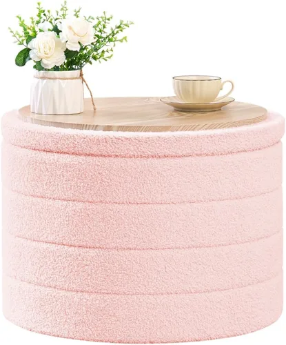 Miniatura 17 de B FSOBEIIALEO Otomana con Almacenamiento, Taburete Otomano de Almacenamiento Redondo Sherpa, Reposapiés Boucle 14.6"x14.6"x17.7" (Beige)