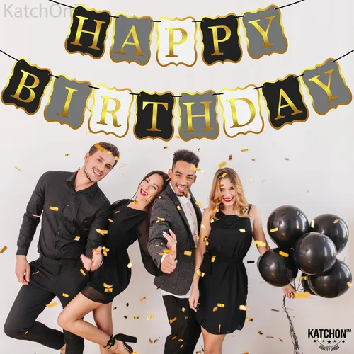 Miniatura 8 de KatchOn, Cartel de feliz cumpleaños negro y dorado, 10 pies, NO DIY, telón de fondo de feliz cumpleaños, decoraciones de feliz cumpleaños