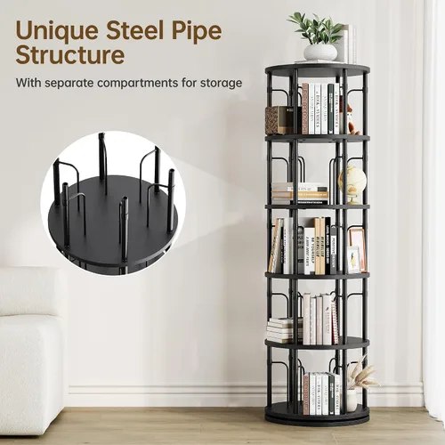 Miniatura 3 de Estantería giratoria de 5 niveles de altura, torre giratoria de 360°, organizador de estante redondo giratorio vertical para espacios pequeños, Negro