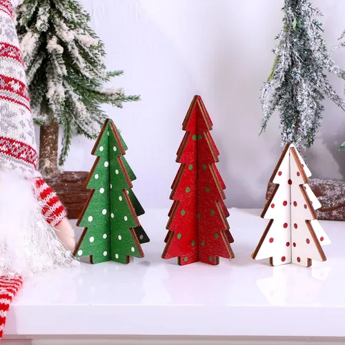 Miniatura 6 de Yookeer Decoración Navideña 3 Piezas Mesa de Madera Rústica Árbol de Navidad Granja Centro de Mesa de Madera Navideño para Mesa Pequeña Árboles