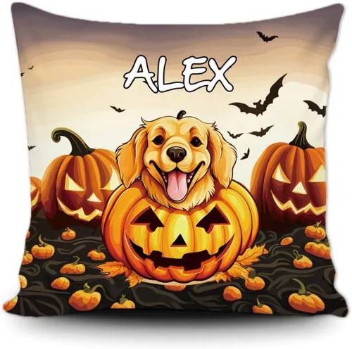 Funda de almohada personalizada de Halloween, diseño de perro Golden Retriever, calabaza, cachorro inteligente, funda de cojín decorativa de lona 34