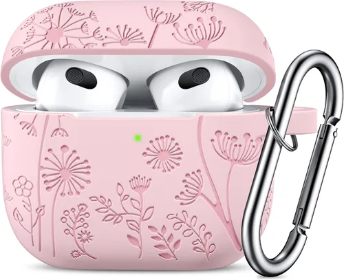 Lerobo Funda para AirPods de tercera generación con accesorios para llavero, funda de silicona con grabado de flores, compatible con Apple AirPods
