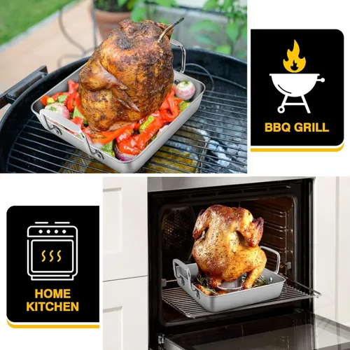 Miniatura 7 de P&P CHEF Soporte para latas de cerveza con sartén para asar, juego de sartén cuadrada de acero inoxidable de 9 pulgadas y parrilla para pollo