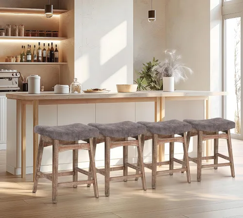 Miniatura 20 de Taburete de bar gris de madera maciza para encimera de cocina, taburete de bar con asiento de cuero sintético, taburete tapizado para isla de 34 a