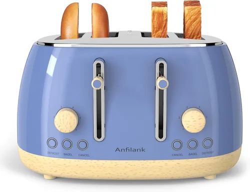 Tostadora de 4 rebanadas, tostadora retro de acero inoxidable con ranuras extra anchas, funciones de cancelar, bagel y descongelar, panel de control