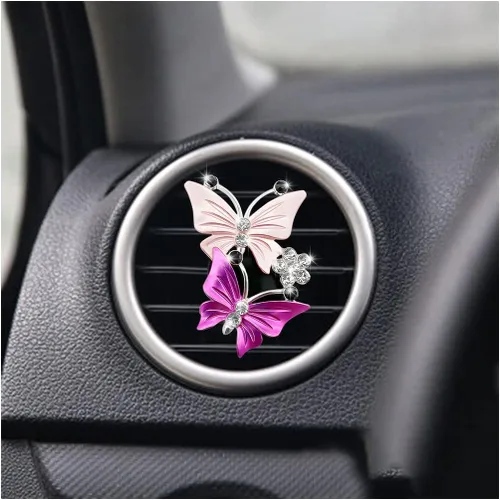 1 clip de ventilación para ambientadores de automóvil, clip de ventilación de automóvil con diamantes de imitación de mariposa doble, difusor de Rosa