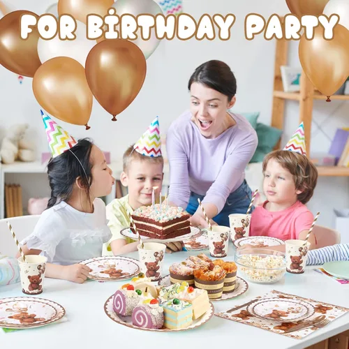 Miniatura 3 de Bokon 200 piezas de decoración de oso para baby shower para 25 invitados, platos de papel para baby shower, juegos de servilletas, suministros