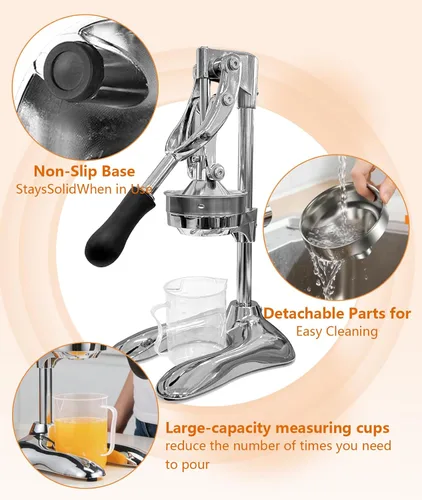 Miniatura 5 de Exprimidor manual profesional de mano – Exprimidor de cítricos de acero inoxidable resistente para naranja, limón y granada con base estable y taza