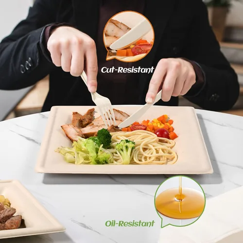 Miniatura 4 de Juego de platos de papel compostables para fiestas, 300 unidades, platos cuadrados de papel marrón de 10 y 8 pulgadas, utensilios y servilletas