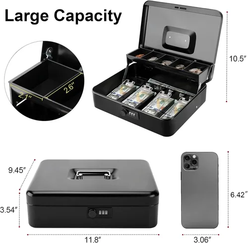 Miniatura 2 de Jssmst Caja grande de metal con cerradura con bandeja de dinero, caja de dinero con cerradura de combinación, color negro Cerradura de combinación