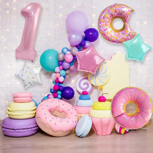 Miniatura 4 de Decoraciones de dona para el primer cumpleaños, suministros de decoración de fiesta de cumpleaños para niñas, 40 pulgadas, color rosa, 6 globos
