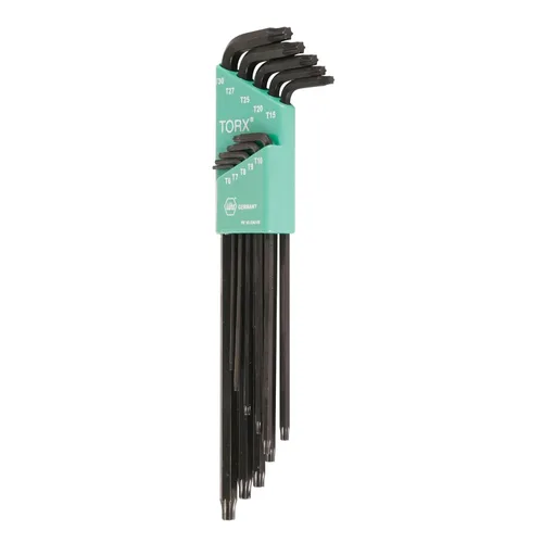 Wiha 36698 Torx Juego de llaves en L, 10 piezas, T6–T30, alcance extra largo, óxido negro, acero para herramientas CRM-72