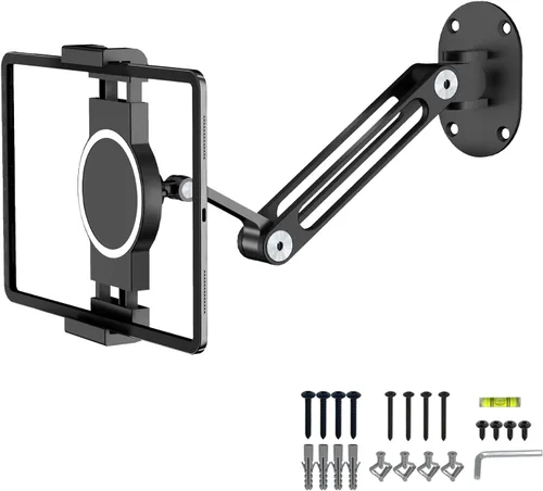 soporte de pared para iPad, giratorio y basculante, soporte de pared para tableta de aluminio, base de rotación 360°, ajustable y plegable para
