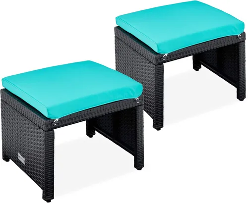 Miniatura 12 de Best Choice Products Juego de 2 otomanas de mimbre, muebles de exterior multiusos para patio, patio trasero, asientos adicionales, reposapiés, mesa