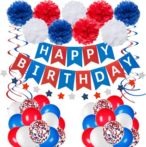 Decoraciones de cumpleaños azules, blancas y rojas, kit de suministros de fiesta patriótica para hombres, mujeres y niños, pancarta de feliz