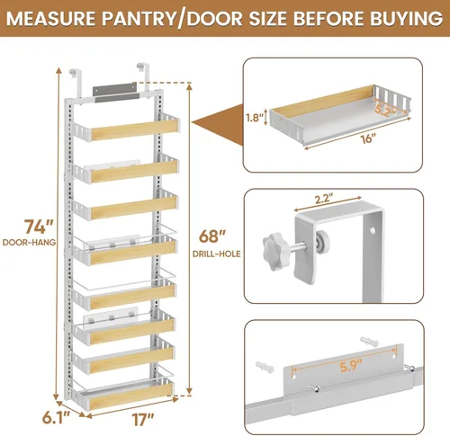 Miniatura 2 de POKIPO Organizador de despensa de 8 niveles para colgar sobre la puerta, 2 EN 1 de montaje en pared o estante de especias colgante, estantes