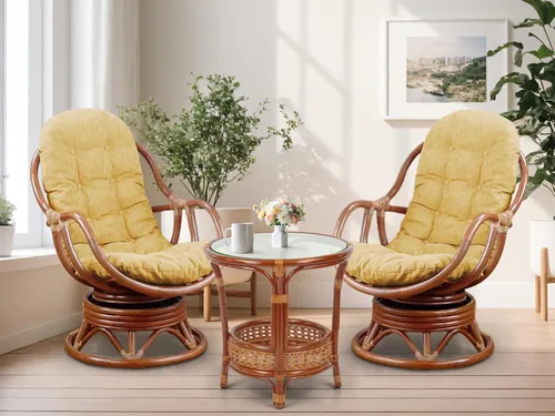 Miniatura 14 de Juego de 2 mecedoras giratorias Bali Lounge con cojín floral y mesa de centro redonda Pelangi, mimbre de ratán natural, hecho a mano, color colonial