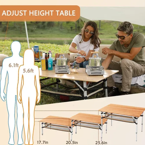 Miniatura 6 de KingCamp Mesa de camping plegable de bambú estable ligera Mesas plegables al aire libre de bambú Picnic portátil de altura ajustable