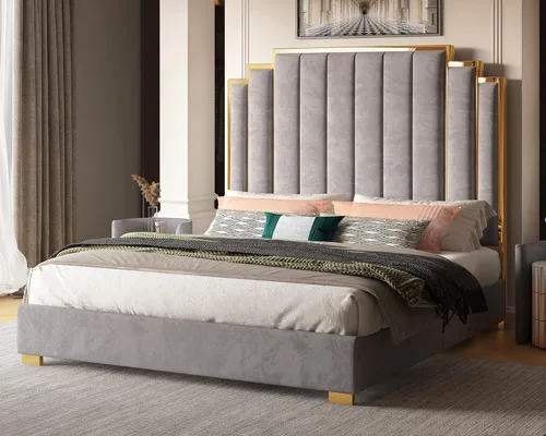 Miniatura 15 de Albott Marco de cama de plataforma tamaño Queen, cama tapizada de terciopelo de 61.4 pulgadas con cabecero de ribete dorado, listones de madera,
