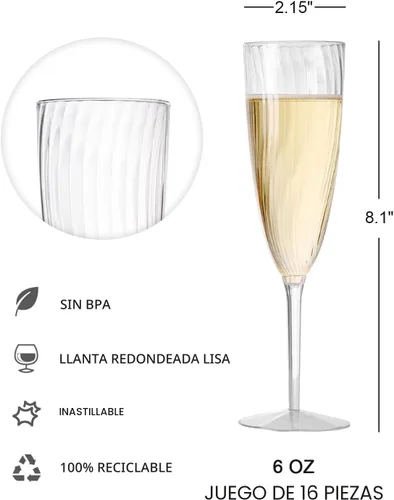 Miniatura 5 de HyHousing Paquete de 16 copas de champán de plástico, copas de champán desechables transparentes de 6 onzas con tallo largo, elegantes flautas